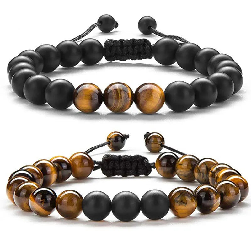 Tiger Eye agate couple bracelets with geometric beads in matte black finish