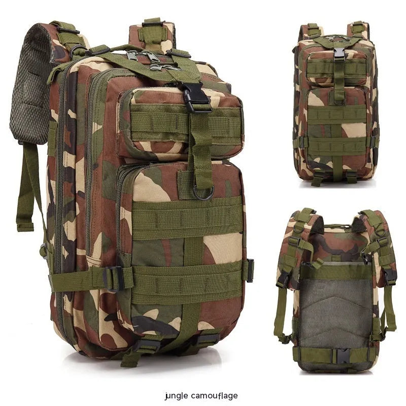 Large khaki hiking backpack with air pillow belt system shown for off-road use.