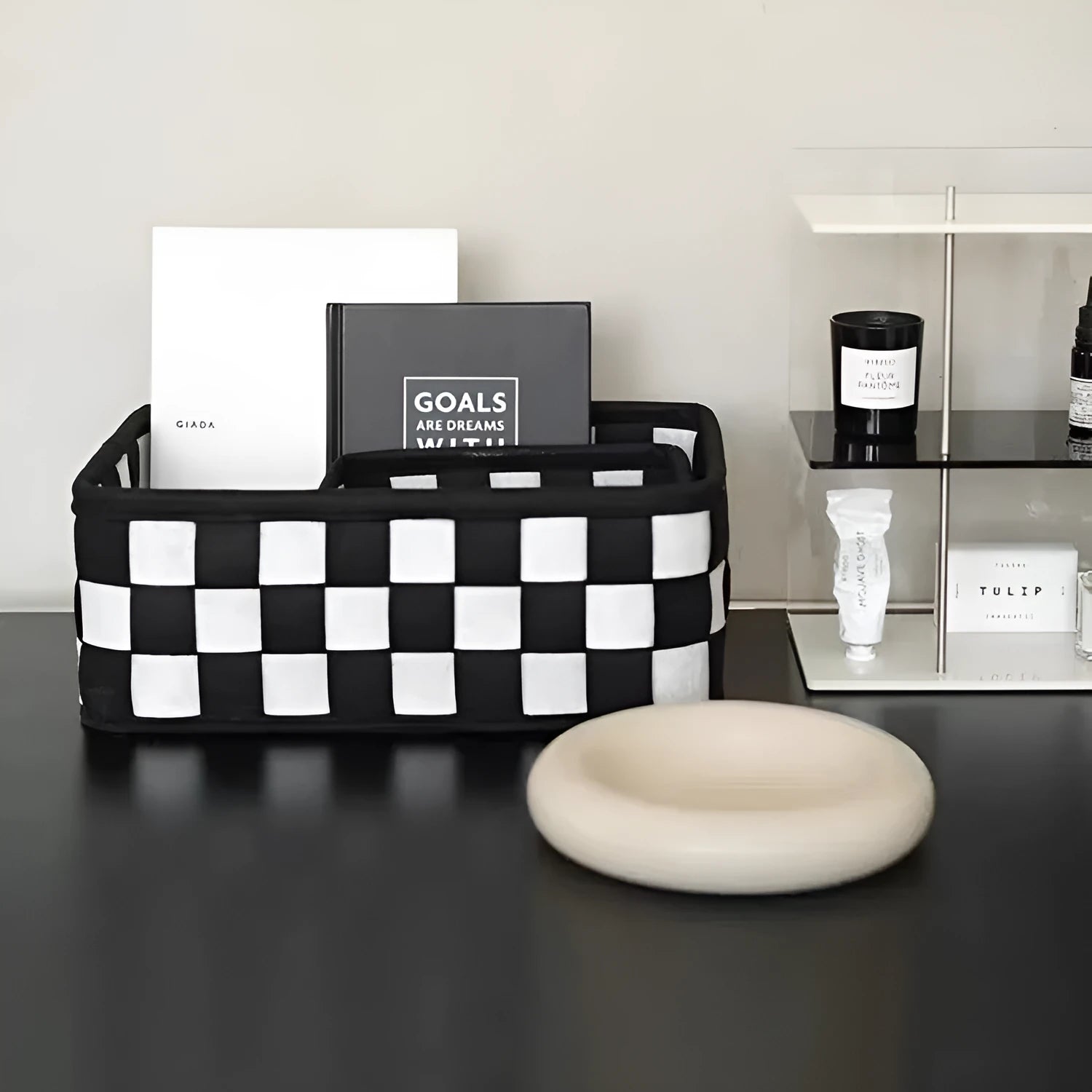 Checkerboard patterned folding felt storage basket measuring 37cm long, shown both upright and collapsed flat