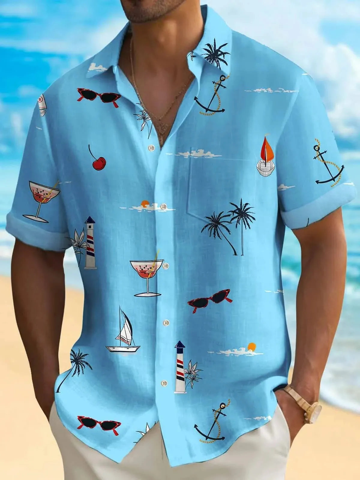 Man wearing a loose-fit, short-sleeve Hawaiian shirt with a colourful digital print pattern.