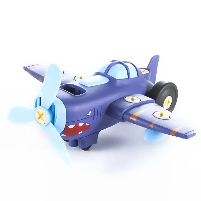 Plastic screw assembly toy vehicles for children aged 4-6, including plane, ship, car, and train with screwdriver and instructions