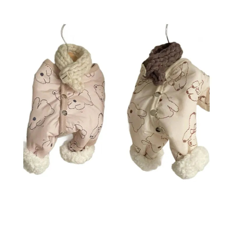 Bear print pet winter jumpsuit in pink with knitted scarf, fleece cuffs, and snap buttons