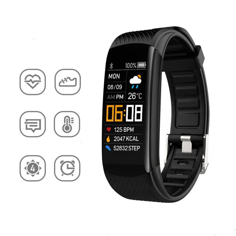 C5S model sports pedometer bracelet in various colours on a wrist, showing 0.96-inch screen.