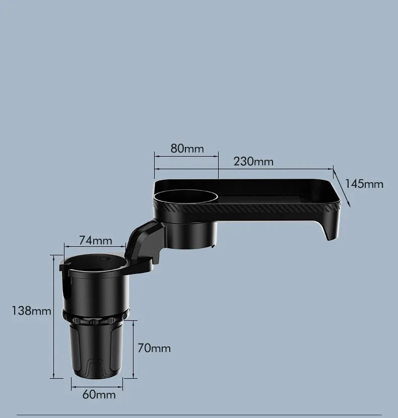 Black ABS plastic car-mounted rotating dinner tray holder showing 360-degree rotation mechanism