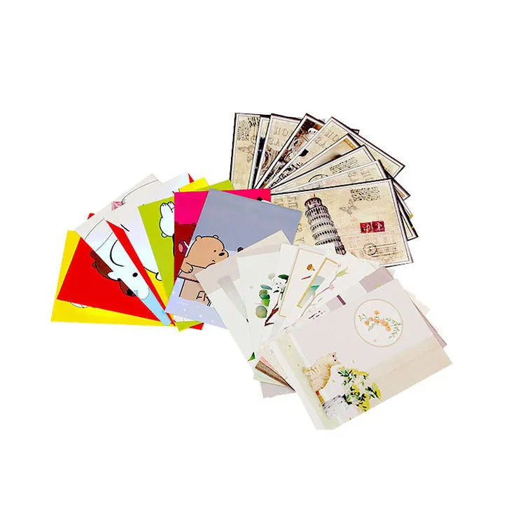 Set of nine Japanese style postcards showing various designs including ink painting and cat illustrations.