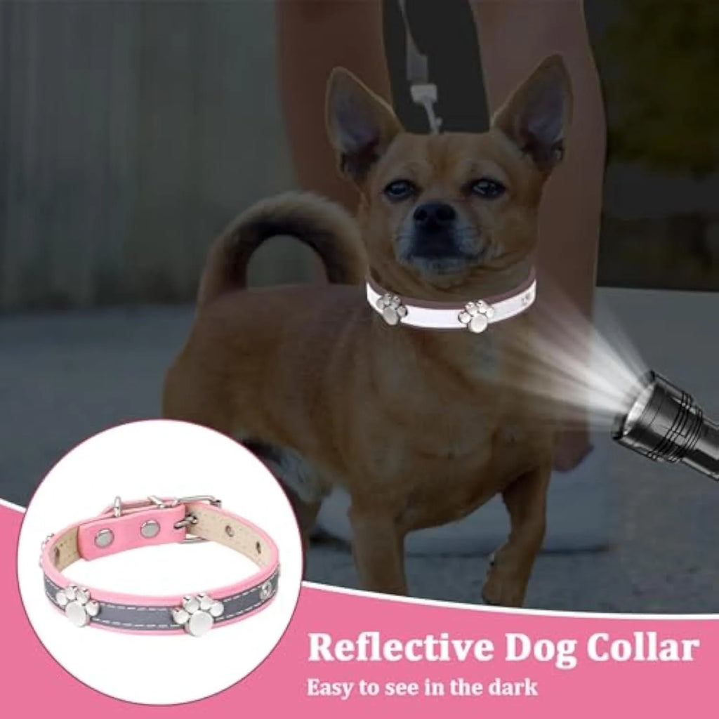 Reflective adjustable PU leather dog collar with metal paw rivet, shown on a size chart for S, M, L, XL, XXL.