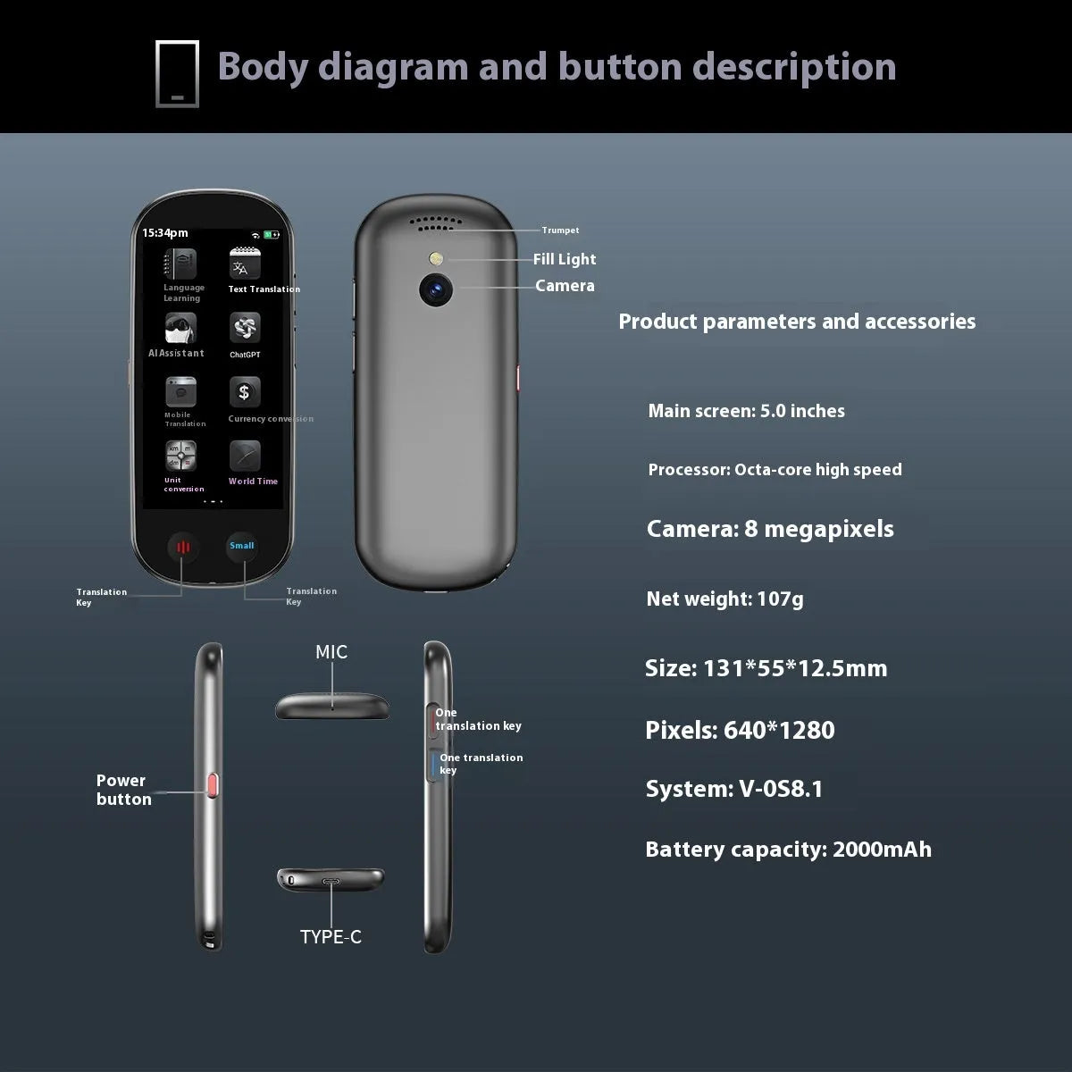 Black simultaneous interpretation translator device with lanyard for business meetings