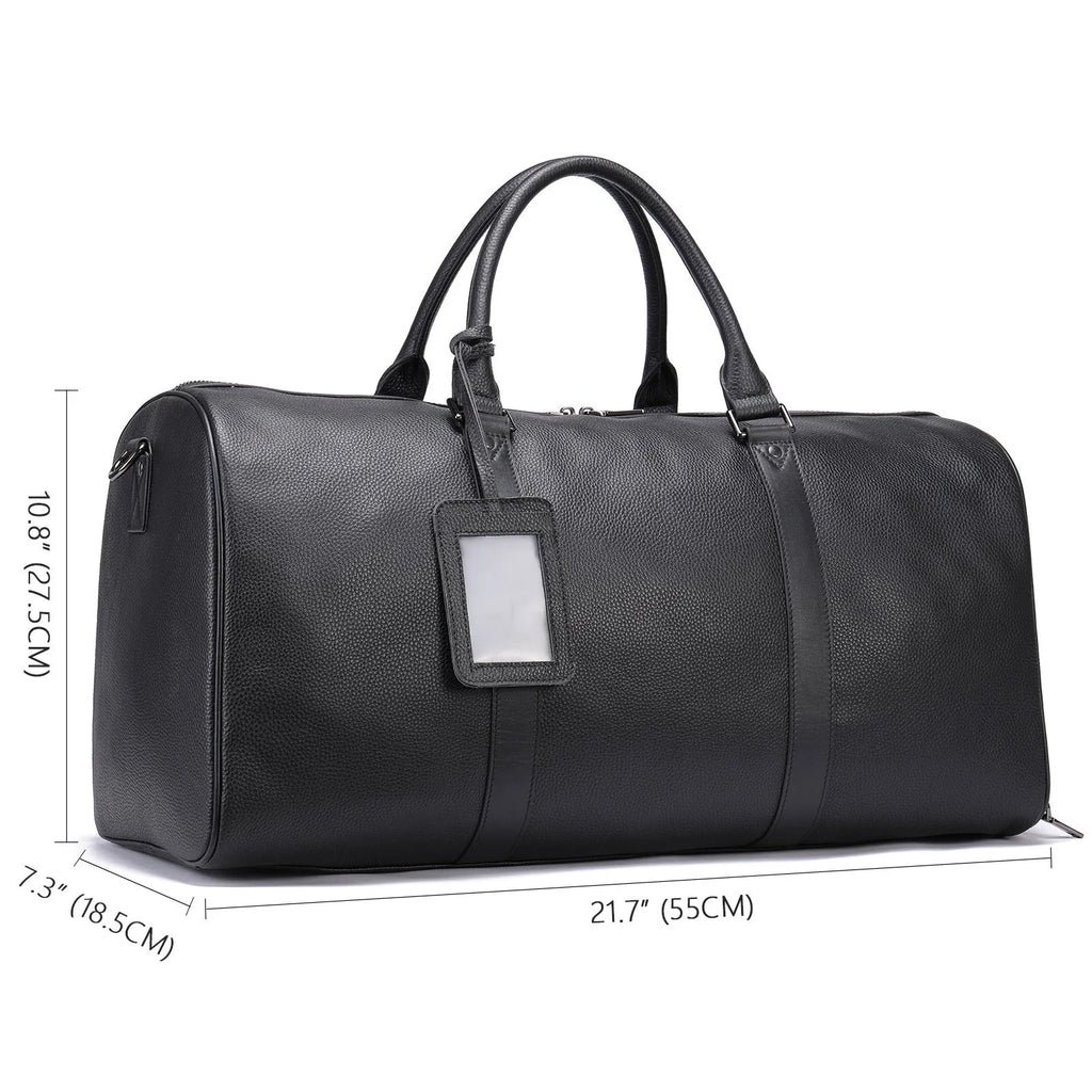 Men's leather excursion bag in black and coffee colours showing 44cm and 55cm size options