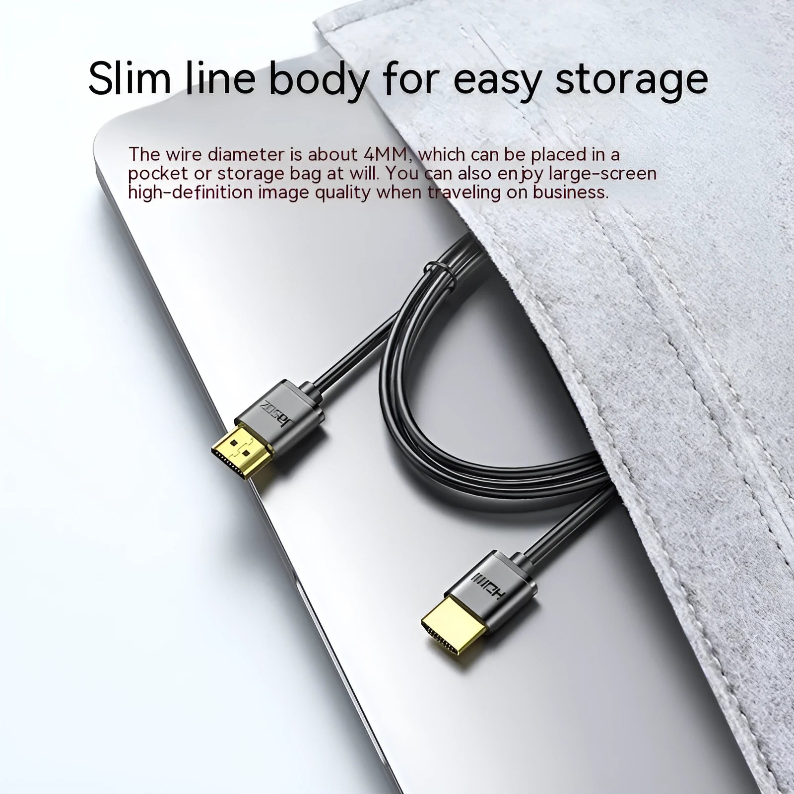 Flexible thin HDMI cable with gold-plated connectors and HDMI hairline rule design on a white background.