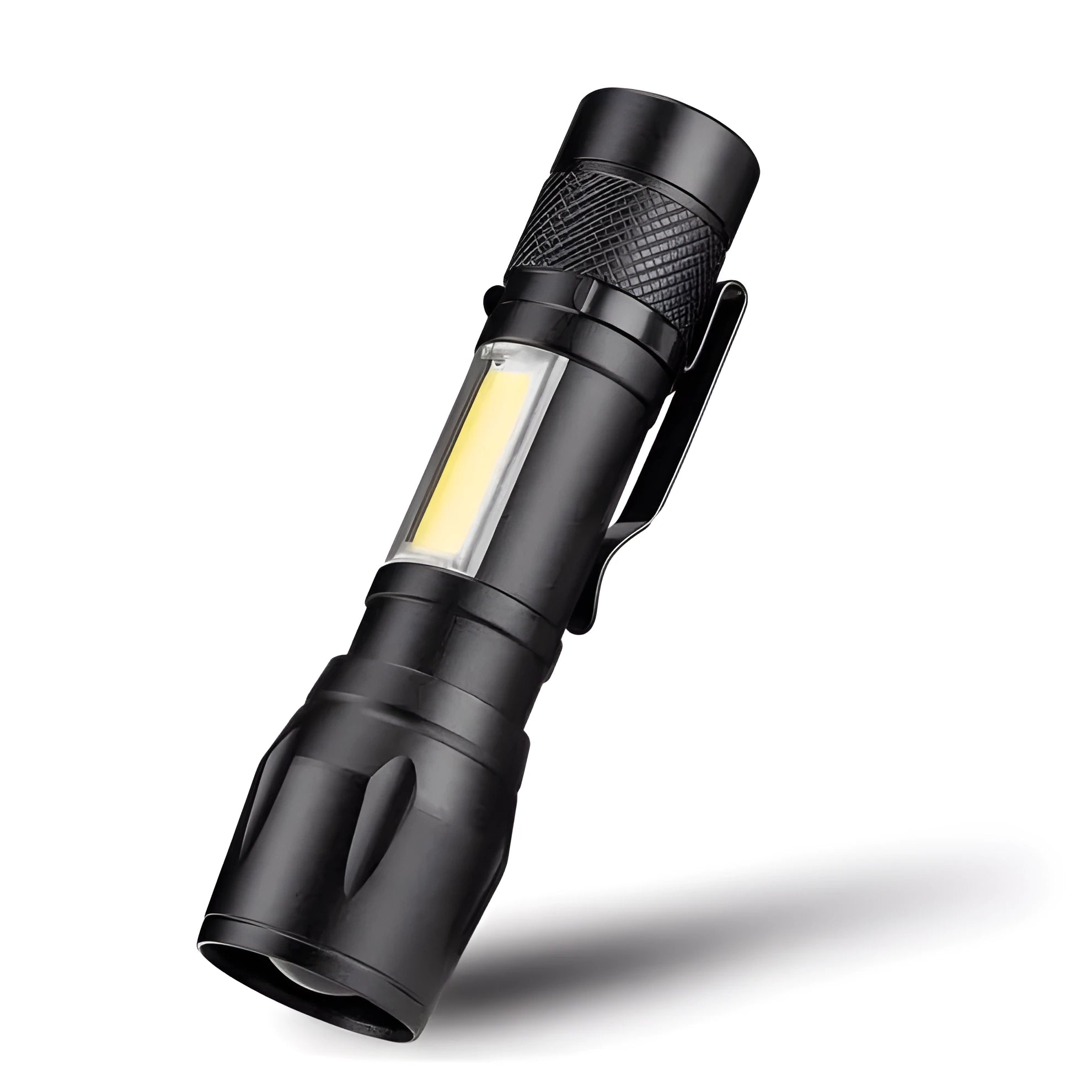 Black aluminium alloy telescopic LED flashlight with adjustable zoom focus and pocket clip