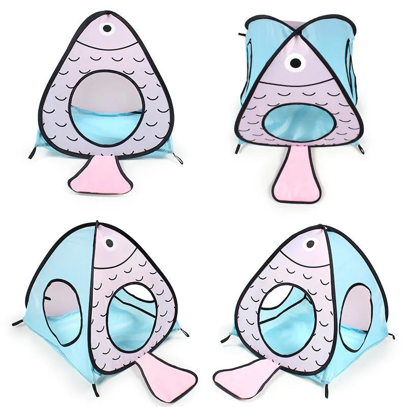 Foldable cat tent and tunnel interactive toy with colourful fabric in a three-piece set.
