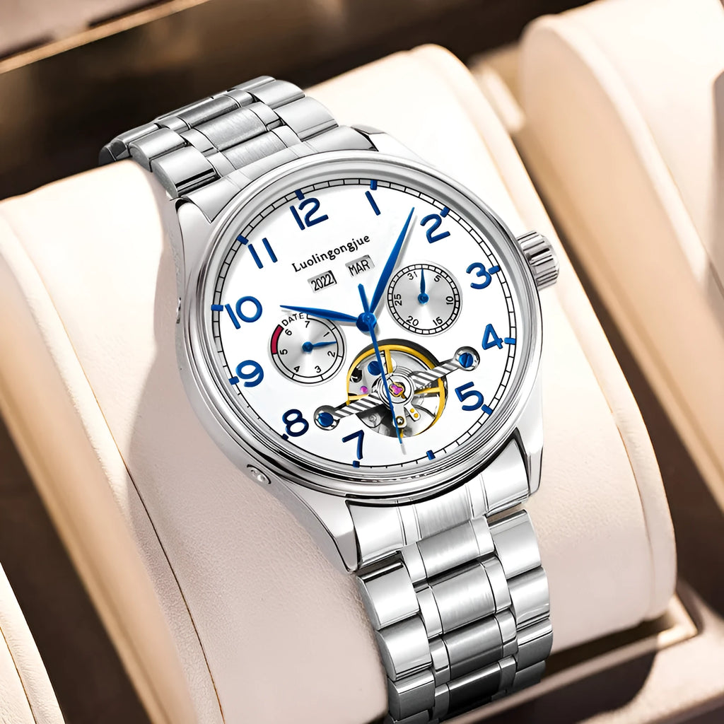 Men's stainless steel business watch with skeleton mechanical movement and black leather strap