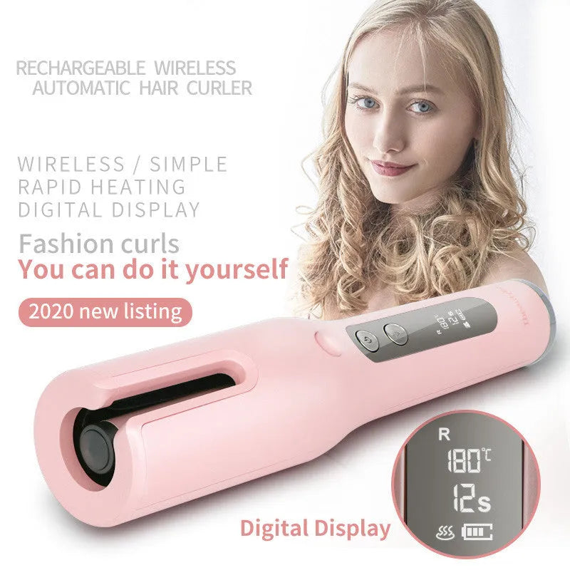 Wireless automatic hair curler with LCD screen, ceramic heating, and USB charging, in pink colour, with storage bag and clips