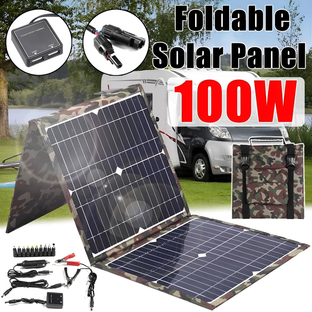 Black foldable portable 36W solar panel with monocrystalline cells and included car charger accessories.