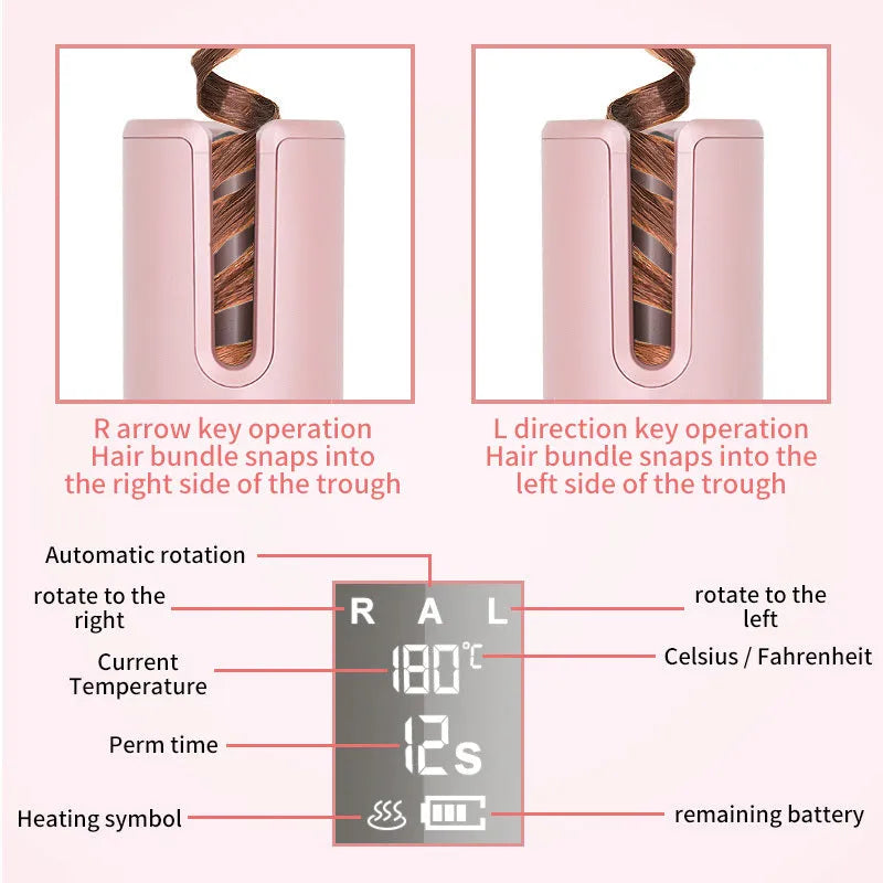Wireless automatic hair curler with LCD screen, ceramic heating, and USB charging, in pink colour, with storage bag and clips