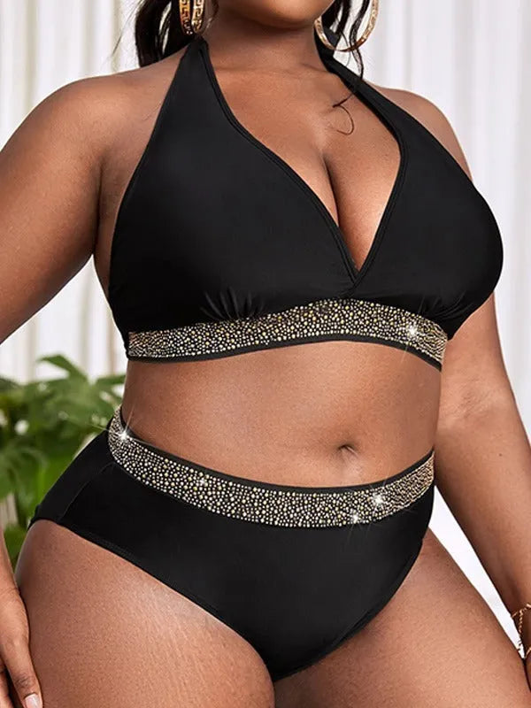 Black plus size women's bikini swimsuit with bra and shorts, sizes 0XL to 4XL