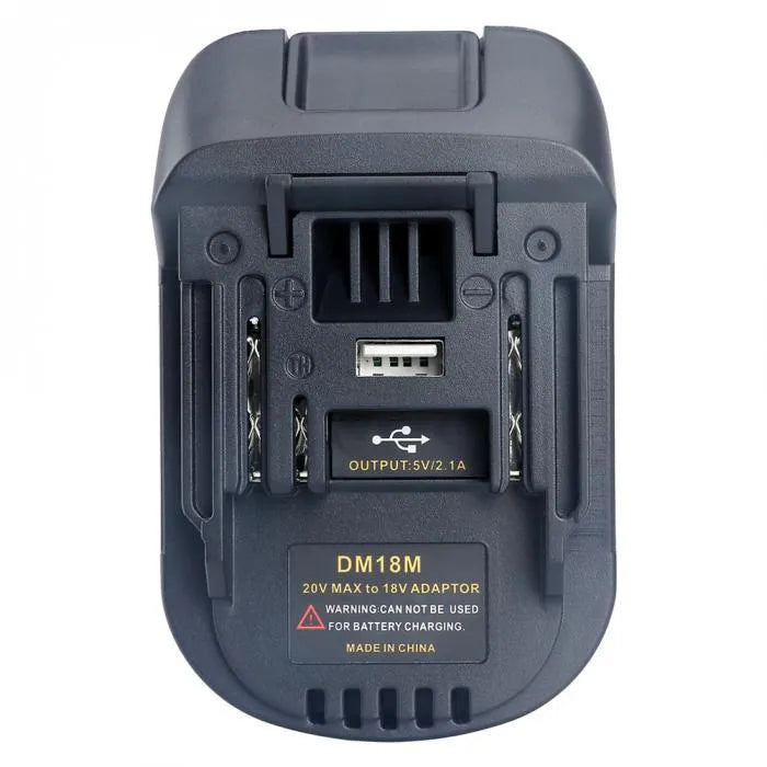 Black plastic battery adapter connecting Milwaukee DM18M tools to Makita H99F battery packs
