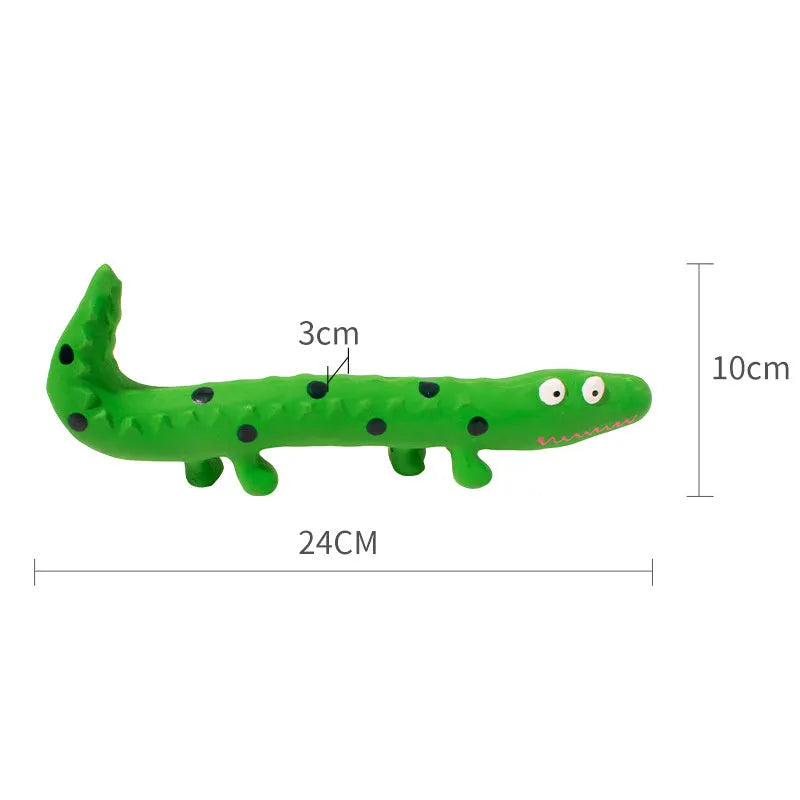 Green cartoon lizard-shaped latex dog chew toy with squeaker for aggressive chewers.