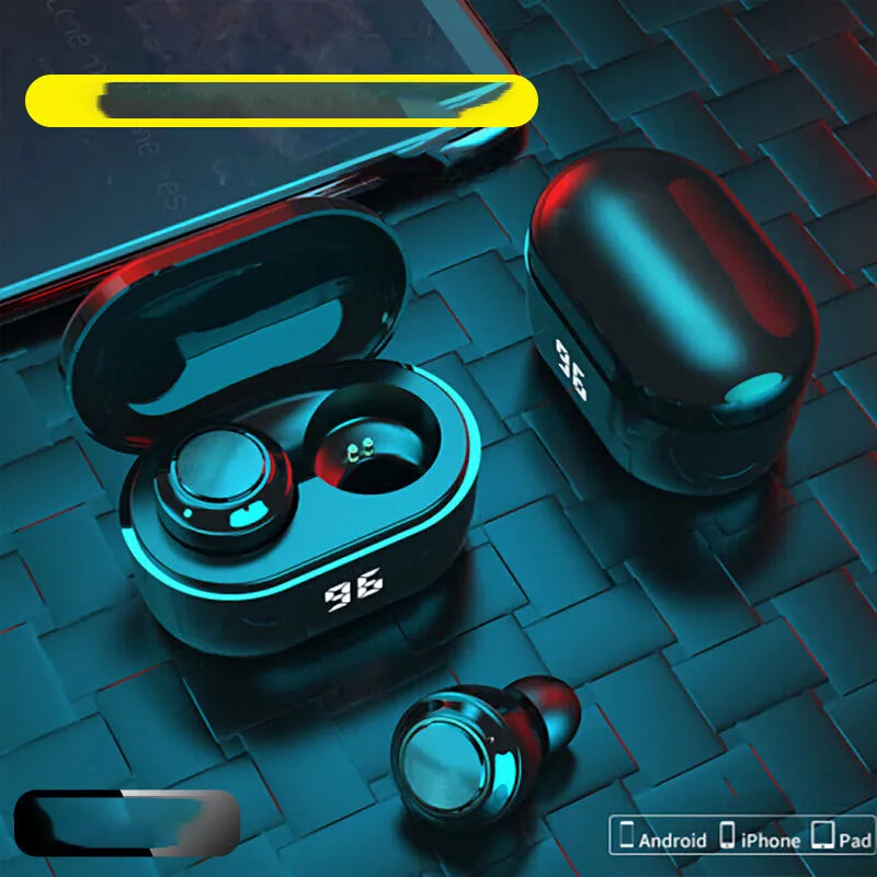 Black bilateral stereo Bluetooth headset with earplug design on a white background.