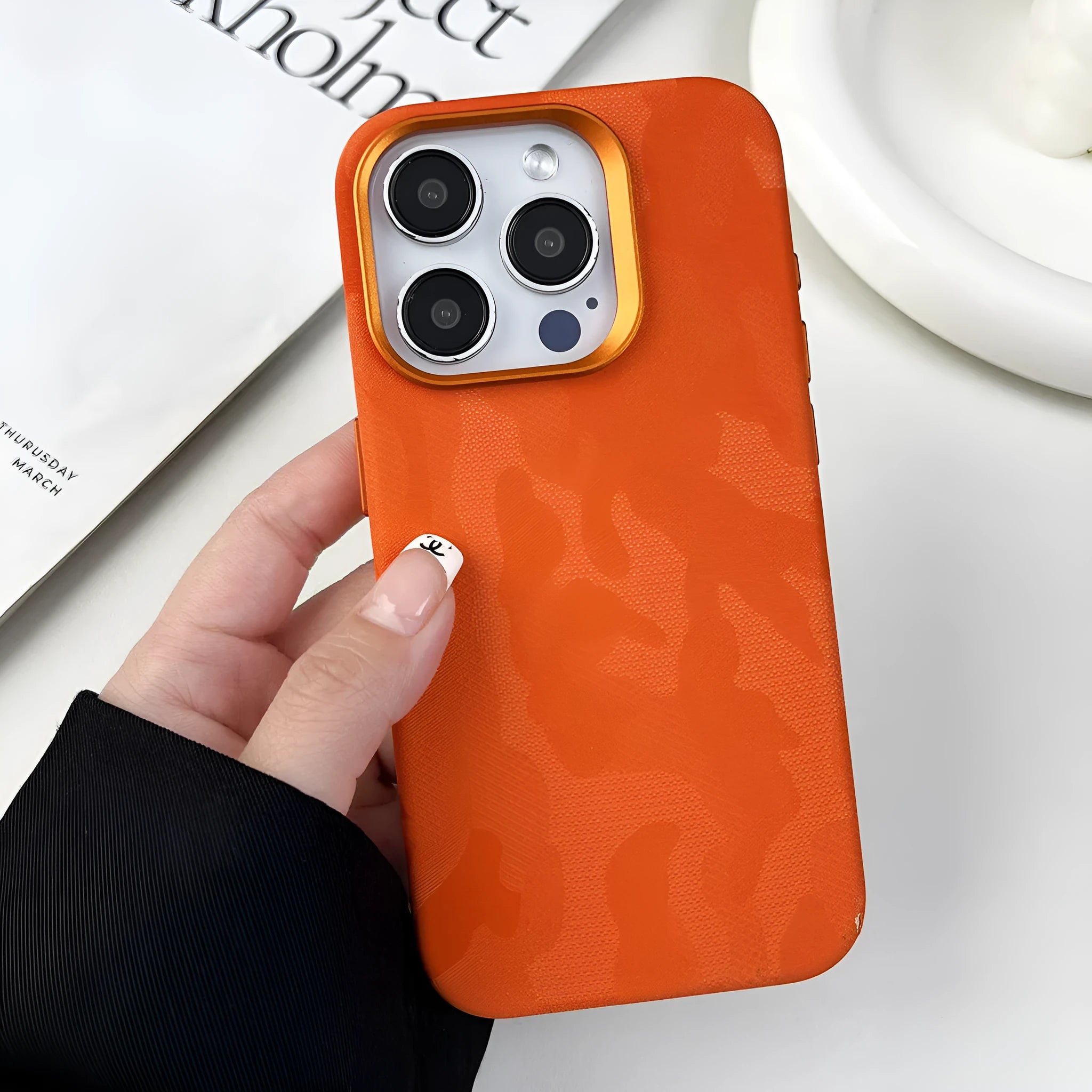 Imitation leather magnetic phone case for iPhone with anti-fingerprint surface in Emma Orange colour