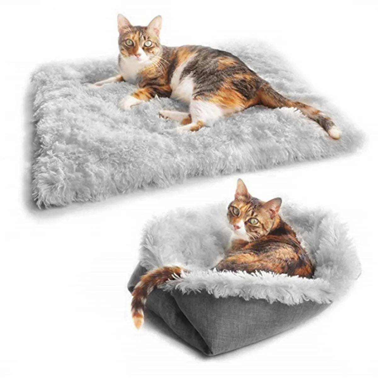 Grey or white pet blanket with long plush hair measuring 61cm by 51cm with non-slip black bottom
