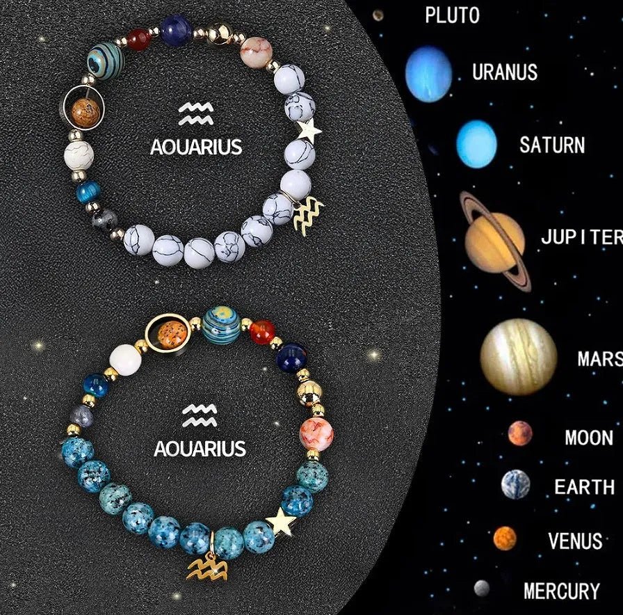 Set of two natural stone beaded bracelets with zodiac sign designs and a stainless steel clasp.
