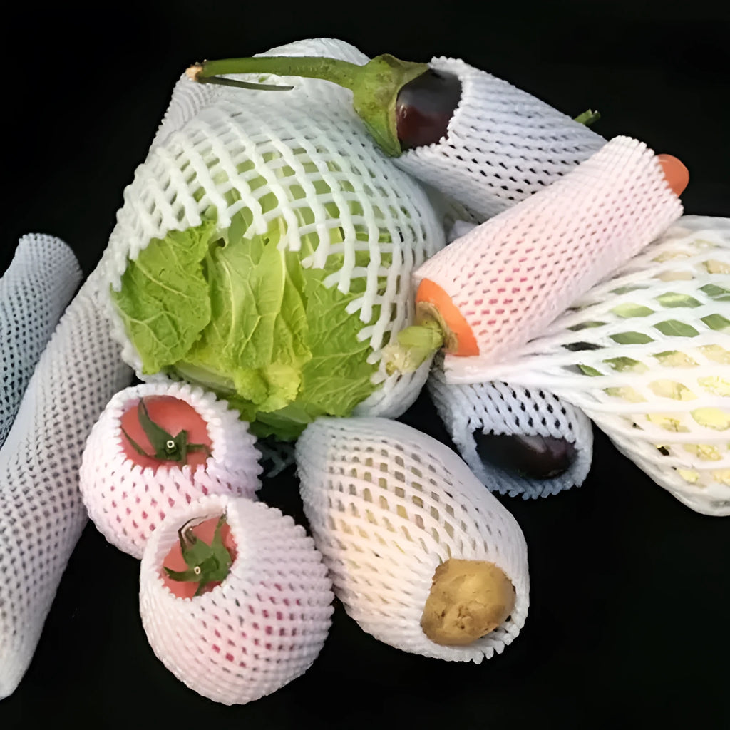 White foam net protective cover for colourful fruit cases available in multiple sizes