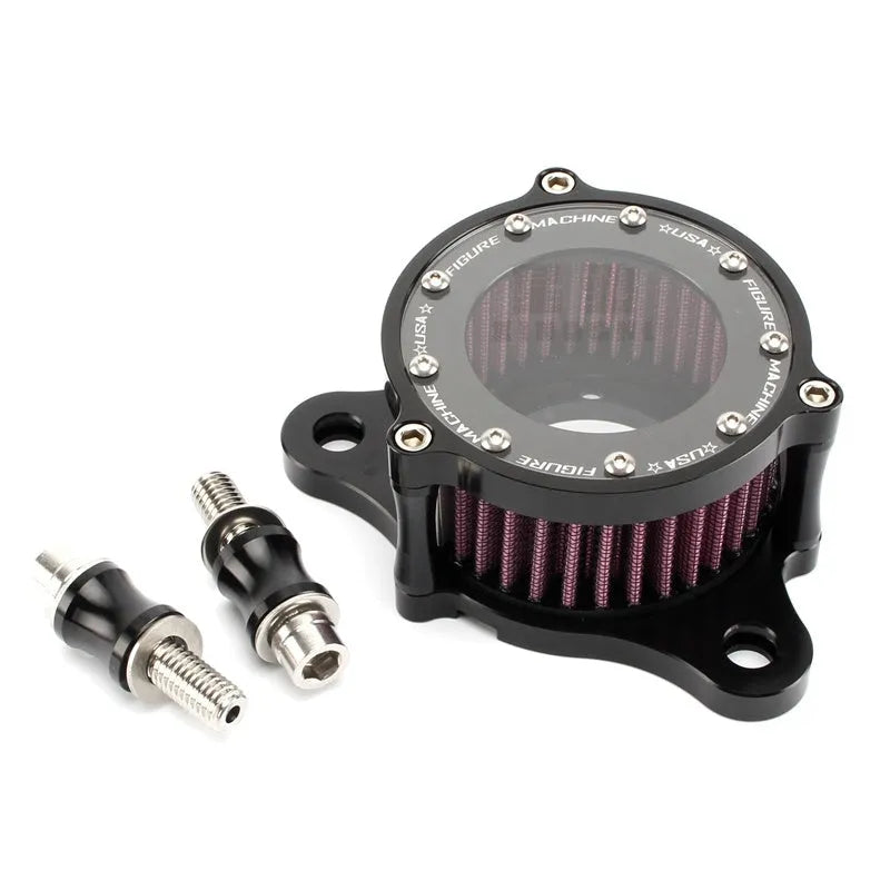 Harley Davidson CNC aluminium retro air filter with transparent glass element showing black filter