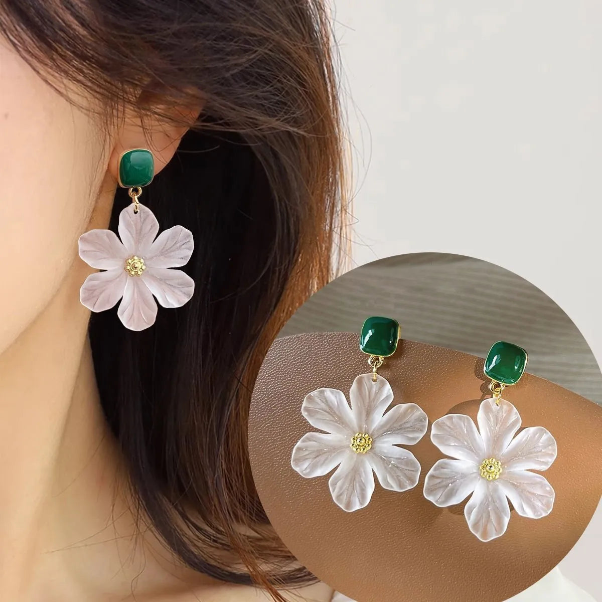 Dark green sterling silver needle flowers stud earrings with butterfly clasps