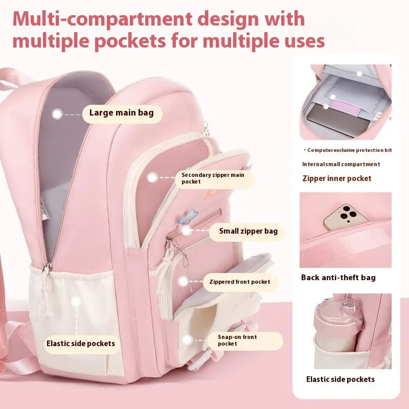 Waterproof Oxford cloth school backpack for girls with curved shoulder straps and spine protection system