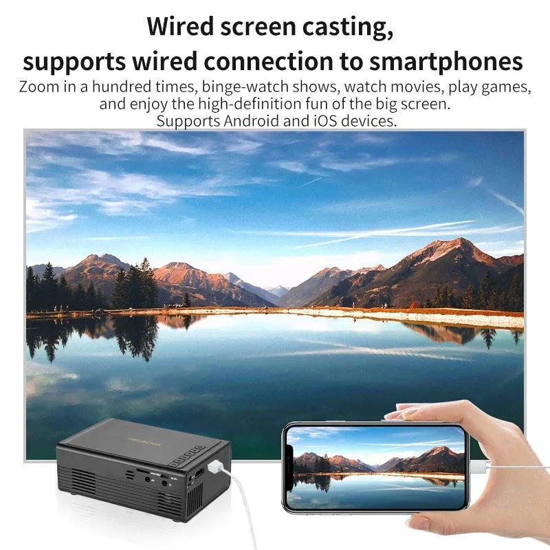 Black and white portable mini projector with wired mobile phone connection and international power adapters