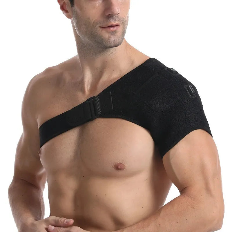 A grey USB electric heating shoulder pad shown laid flat, with a USB cable attached.