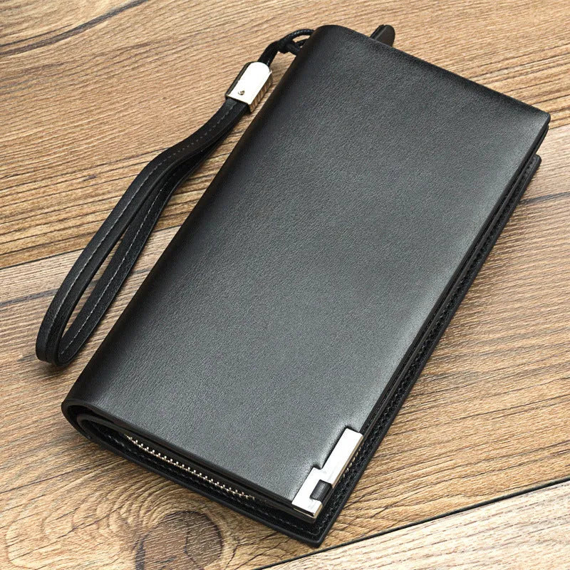 Men's black PU leather wallet with long zipper closure showing waterproof construction