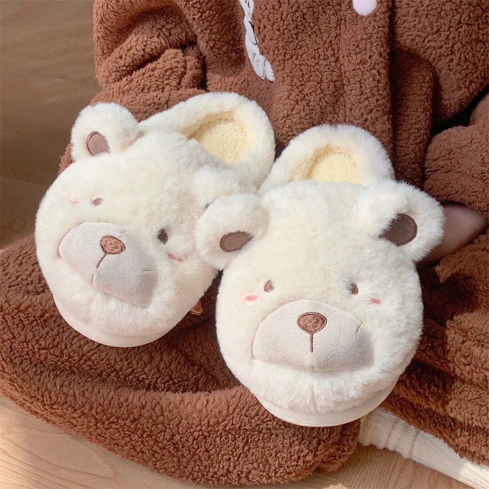 Cartoon cute plush slippers for women in khaki colour with a suede upper and round toe.