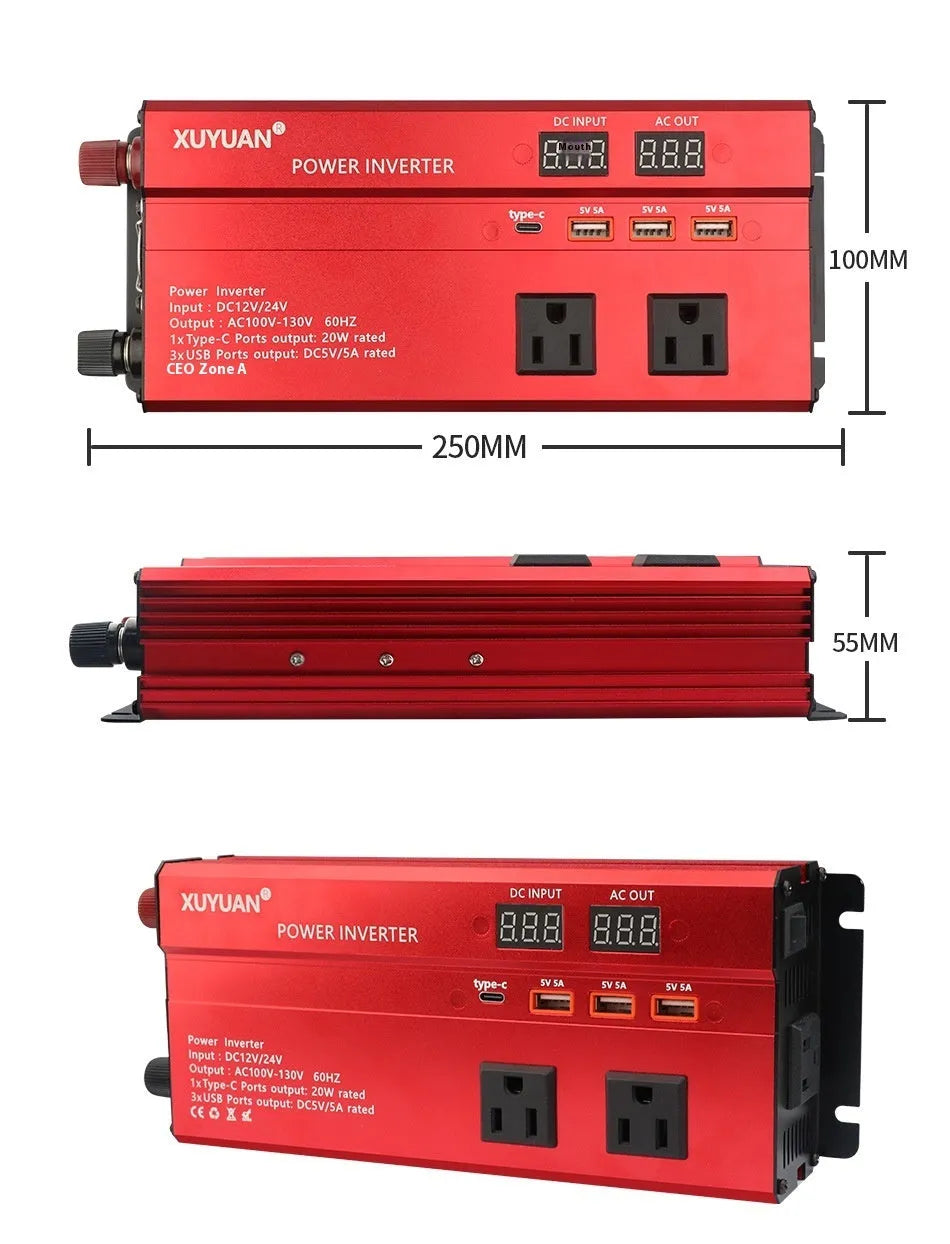 12V 24V to 110V 1200W on-board power inverter with LED display and air cooling, black, 26cm x 10cm x 5.5cm