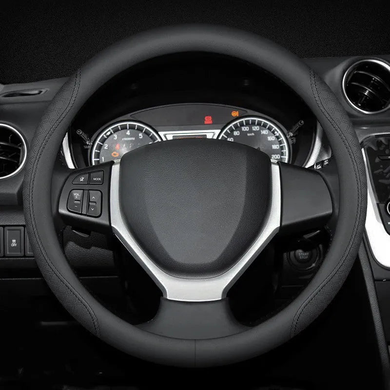Black two-colour leather steering wheel cover with 38cm diameter for Suzuki vehicles
