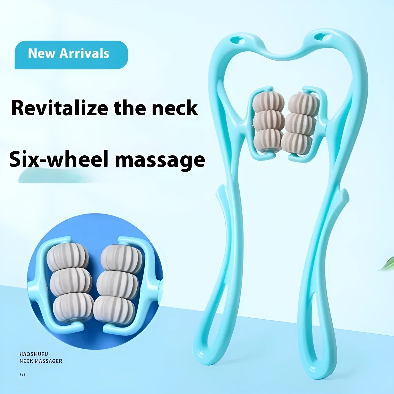 Blue plastic manual massager with six rotating wheels for neck, shoulder, and waist