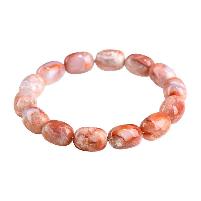 Natural cherry agate barrel bead bracelet with Ruyi pattern geometric design