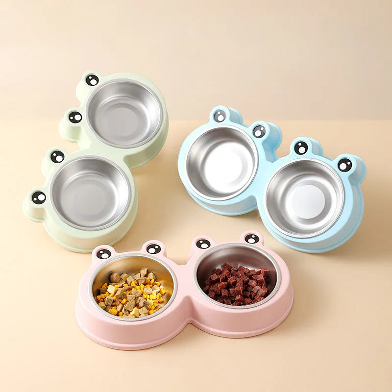Frog-shaped double pet bowl with stainless steel interior for food and water, in blue