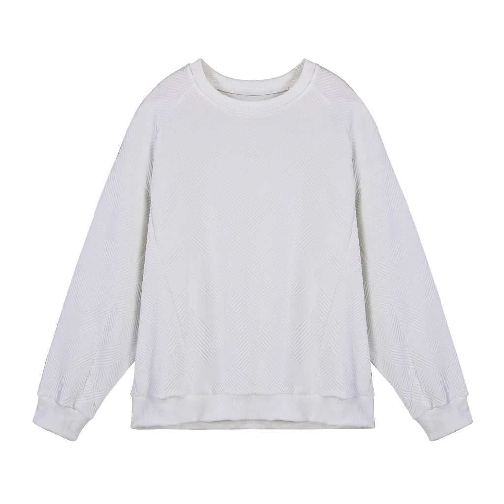 Men's loose fit long-sleeved twill jacquard sweater in a solid colour on a hanger
