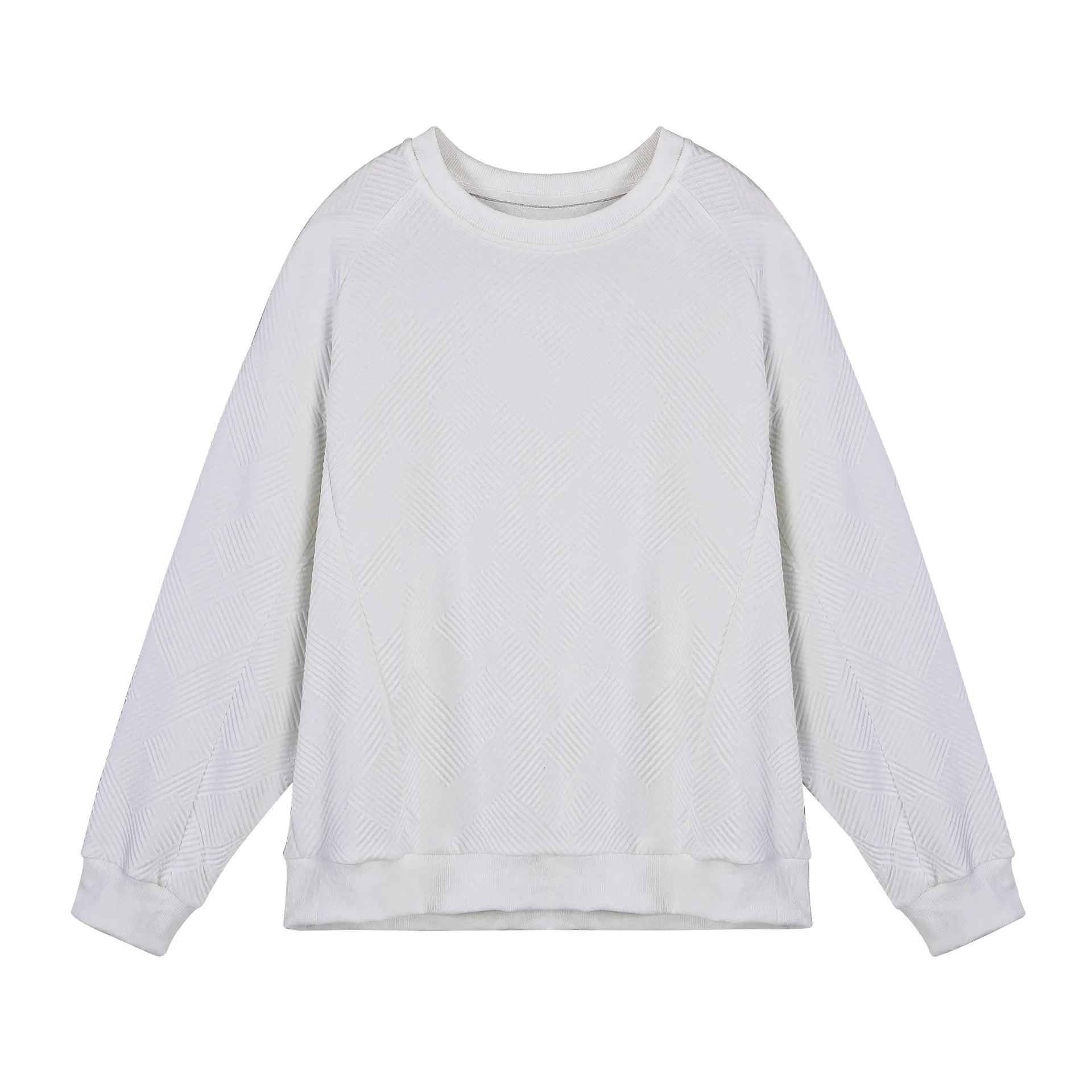 Men's loose fit long-sleeved twill jacquard sweater in a solid colour on a hanger