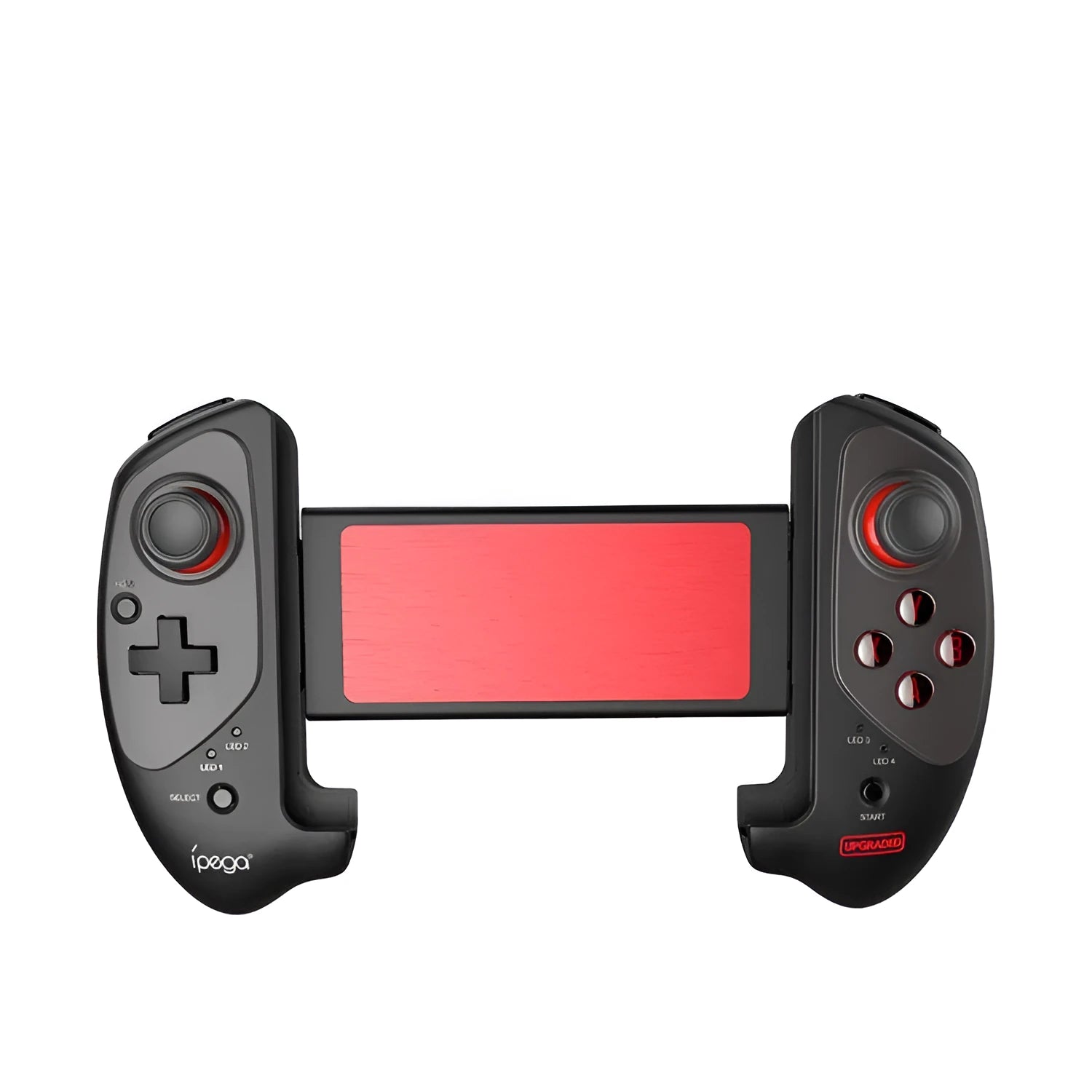 Red telescopic Bluetooth gamepad controller for Android, iOS, and PC on a table.