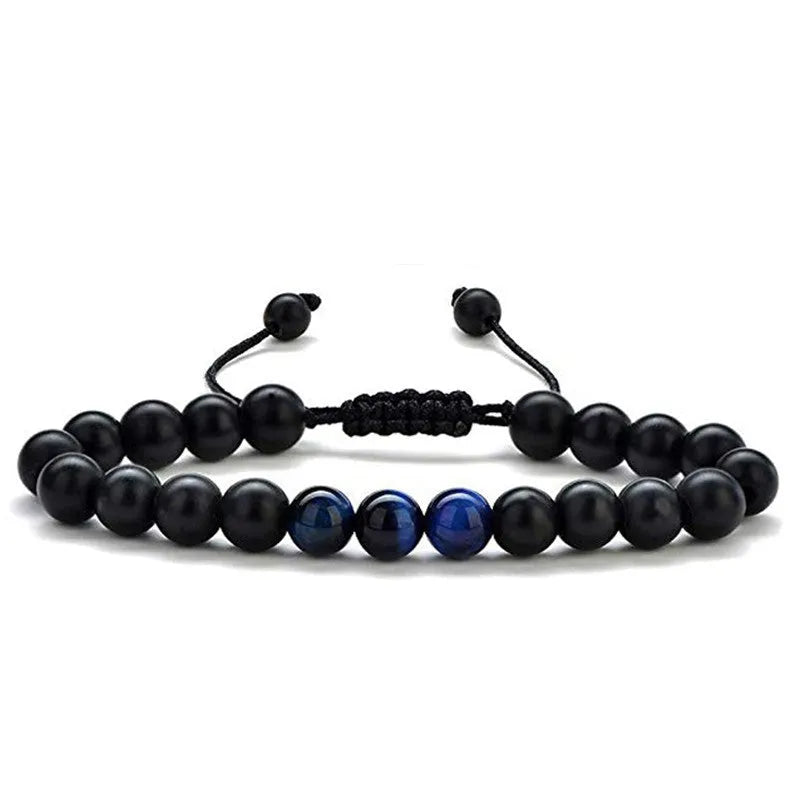 Tiger Eye agate couple bracelets with geometric beads in matte black finish