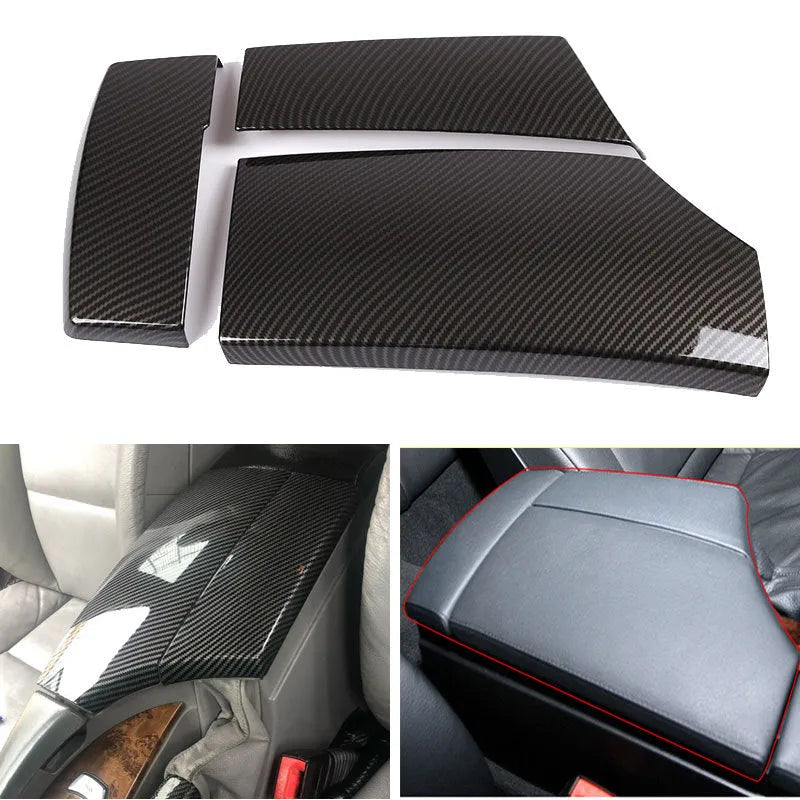 Three black ABS armrest protective covers with carbon fibre pattern for car centre console