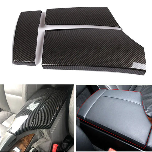 Three black ABS armrest protective covers with carbon fibre pattern for car centre console