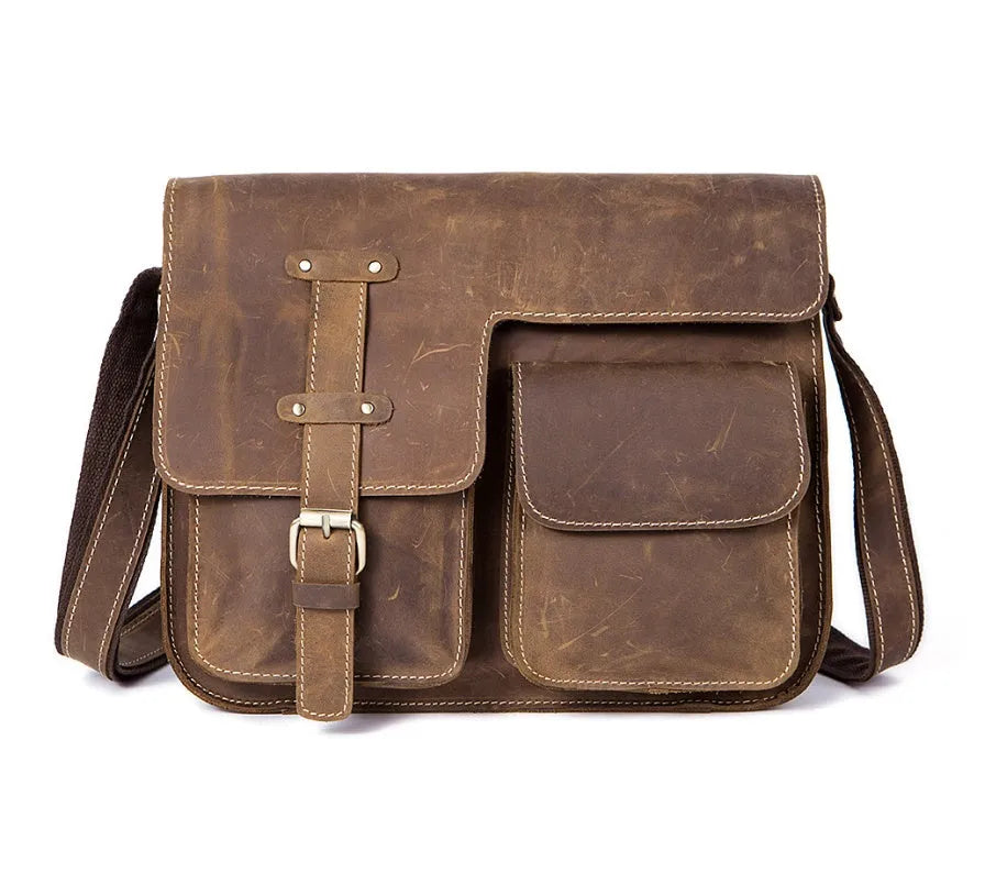 Genuine leather vintage messenger bag with crossbody strap in dark coffee colour showing flap closure