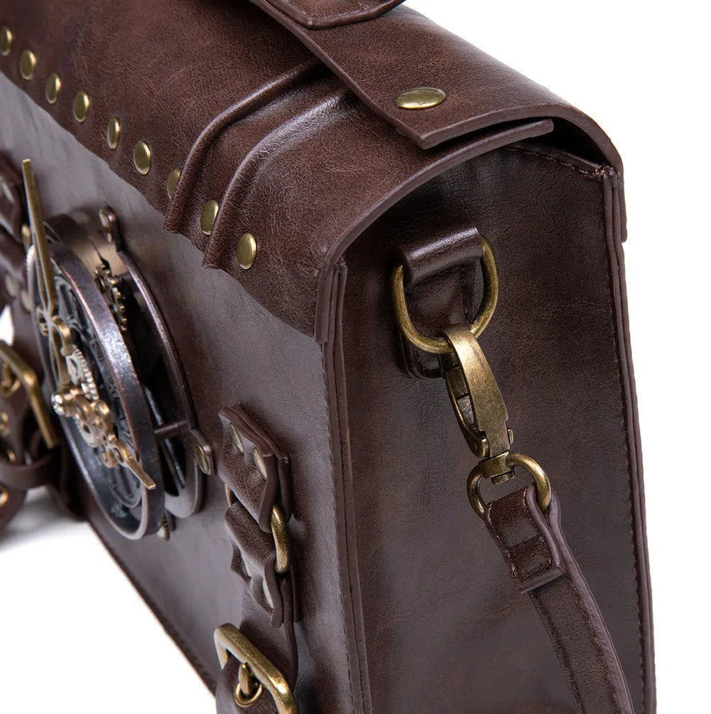 Bronze steampunk industrial retro style shoulder bag with metal hardware and square pillow design