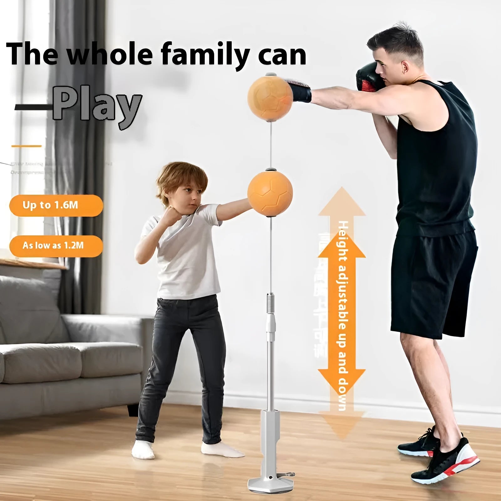 Vertical boxing reaction speed ball with roly-poly design in grey and orange colour options