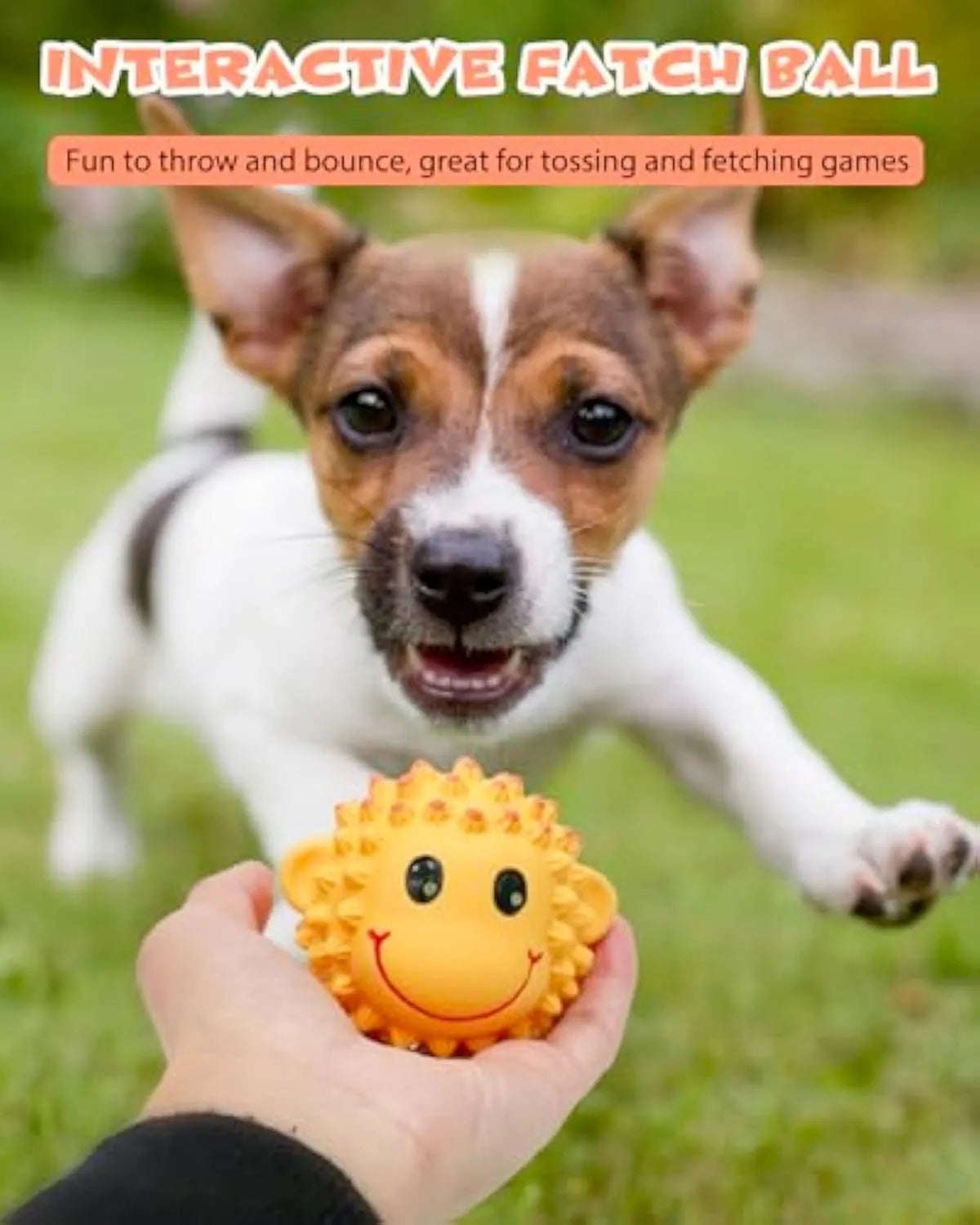 Orange and yellow spiky latex dog toys shaped like lamb and monkey with teeth cleaning texture