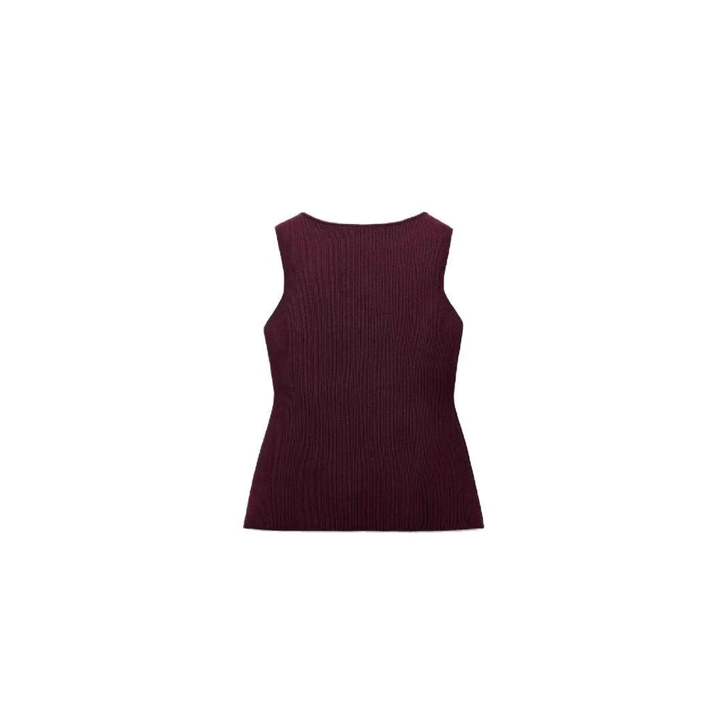 Women's dark red sleeveless sweater vest with slim fit and 3D pattern design